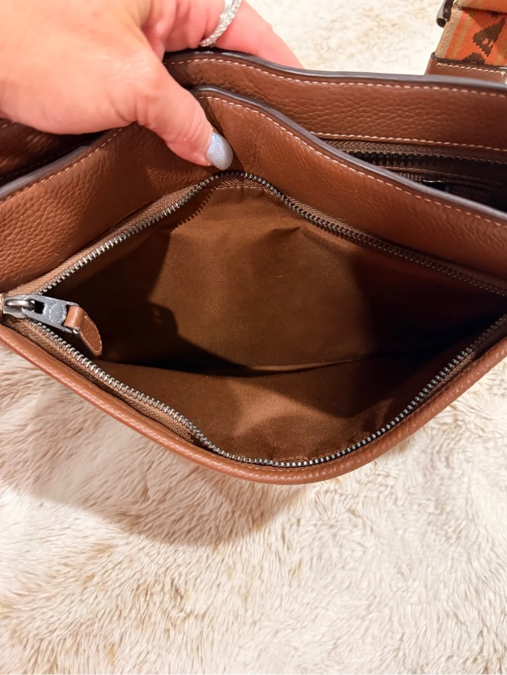 COACH Signature Jacquard Crossbody Bag Brown Tan Orange Logo Strap